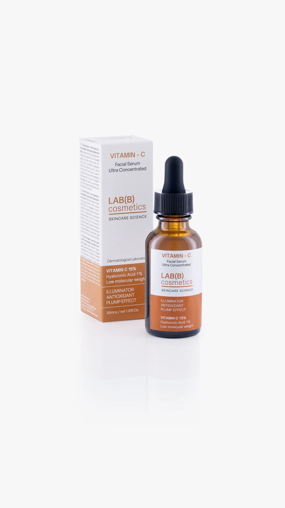 Sérum facial iluminador y antimanchas con vitamina C y ácido hialurónico. Acción antioxidante e hidratante. Ideal para pieles apagadas. LAB COSMETIC.
